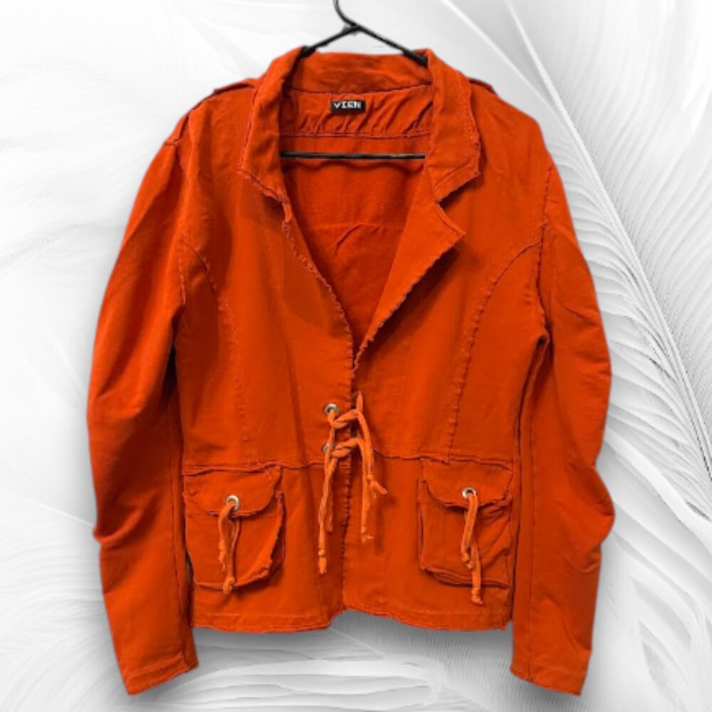VIEN Orange Distressed Jacket Raw Edge Utility Jacket Boho Lightweight Blazer